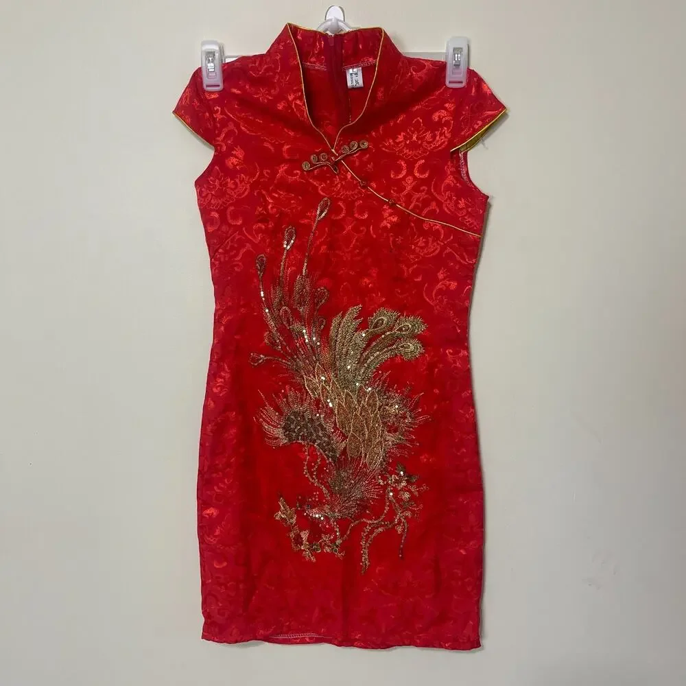 Cosplay Life Red and Gold Phoenix Brocade Chinese Traditional Cheongsam‎ Dress S